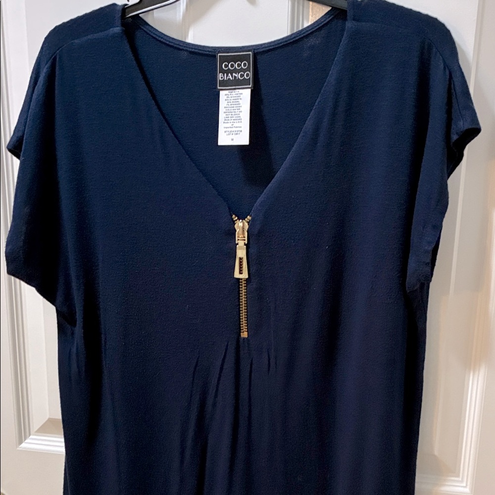 Coco Bianco Deep Blue V-Neck Blouse with Gold Zipper. Longer in the back